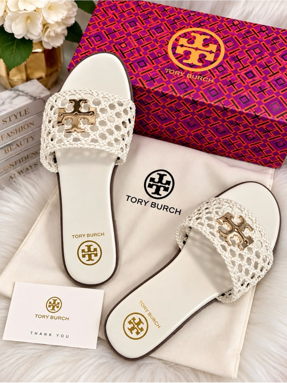 Tory Burch White Woven Slide Sandals with Gold Logo
